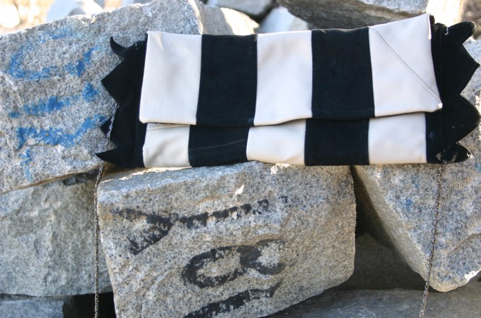 diy striped leather and suede clutch made out of old trousers