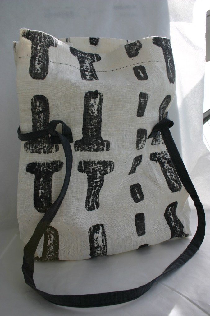 diy linen bag stamped with IKEA packing material