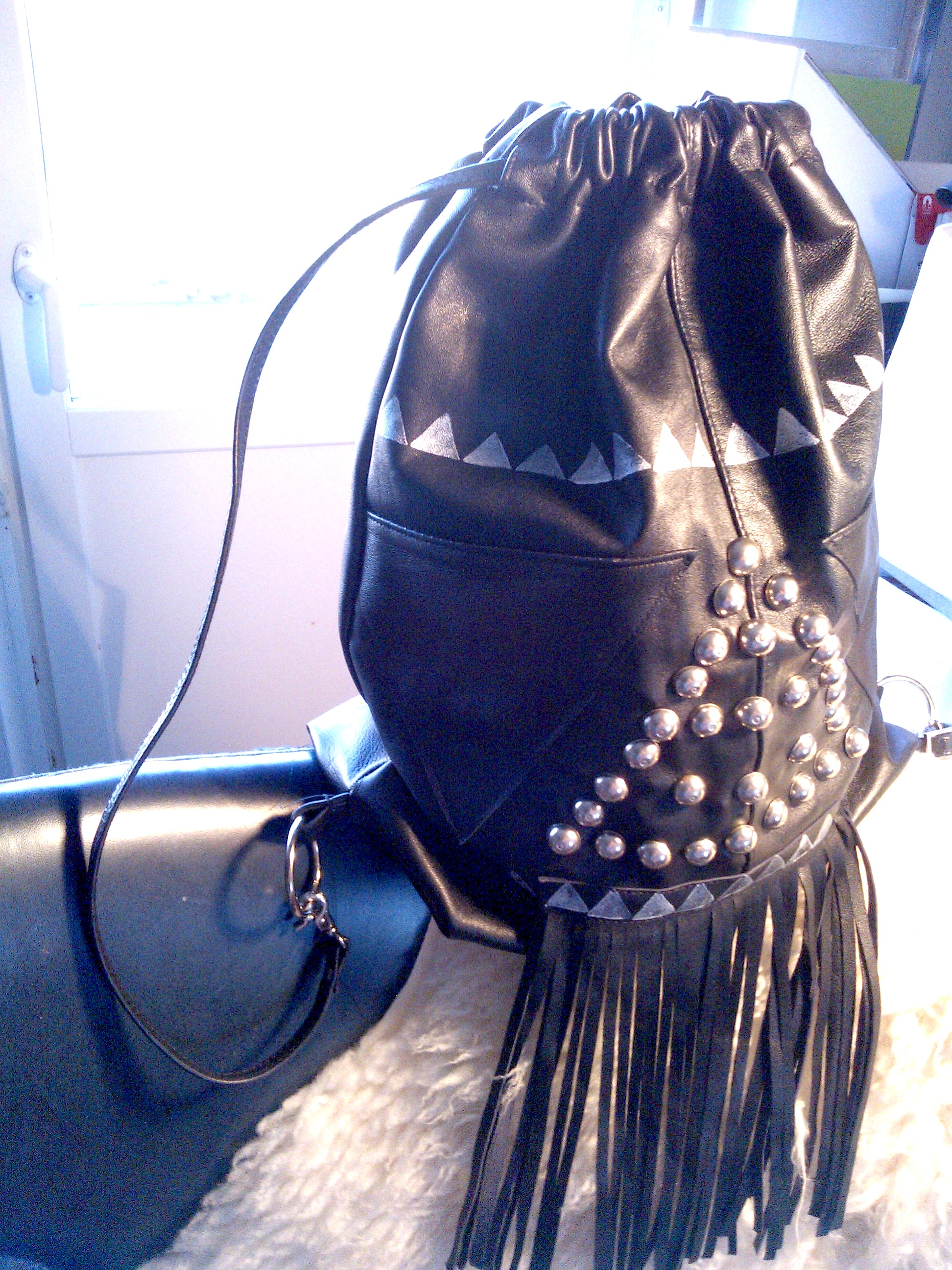 diy black leather back bag with studs and fringes