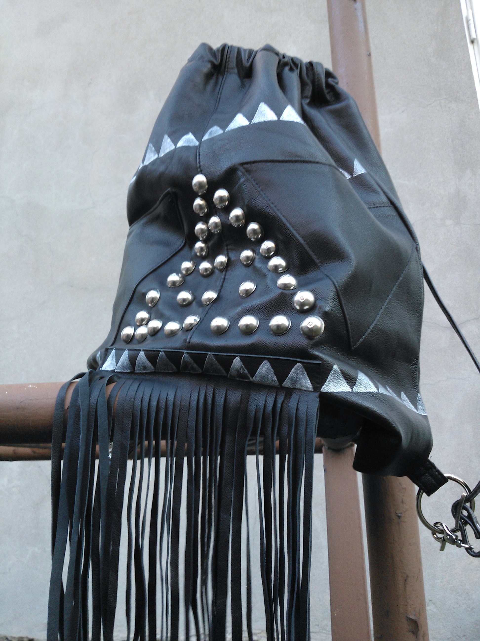 diy black leather back bag with studs and fringes