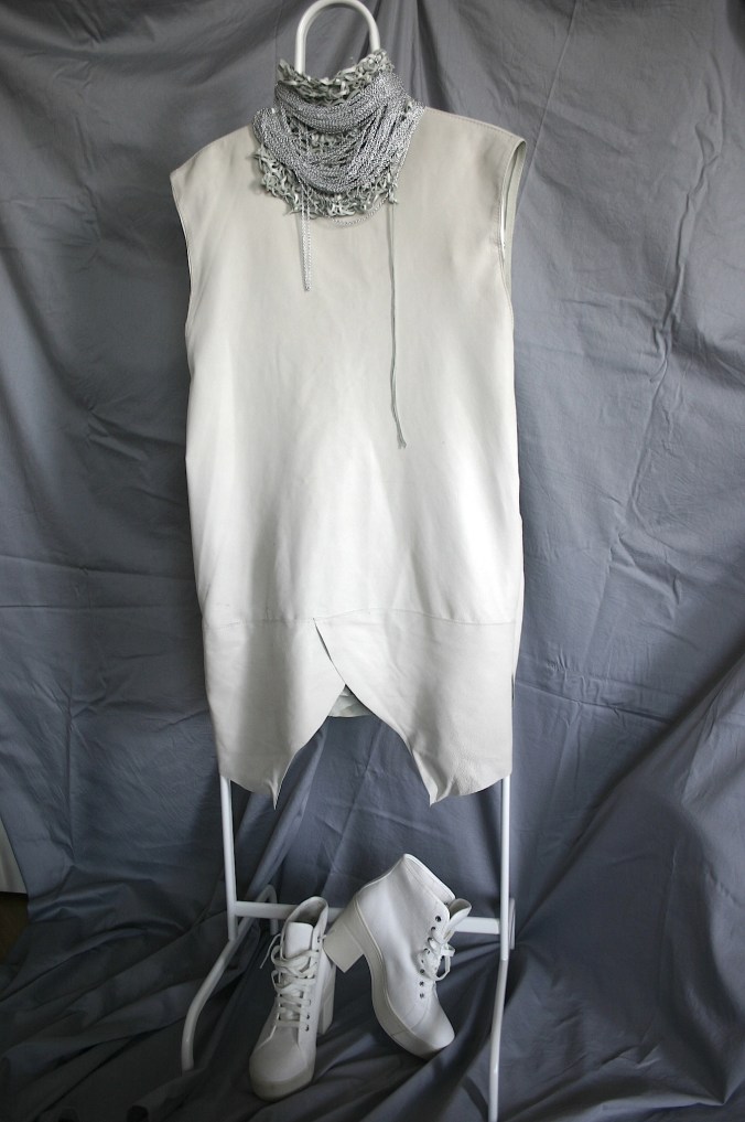 diy leather dress out of old jacket with matching neckpiece