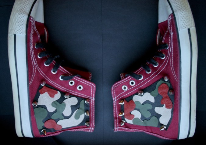 diy camo sneakers with shape cut leather decorations 