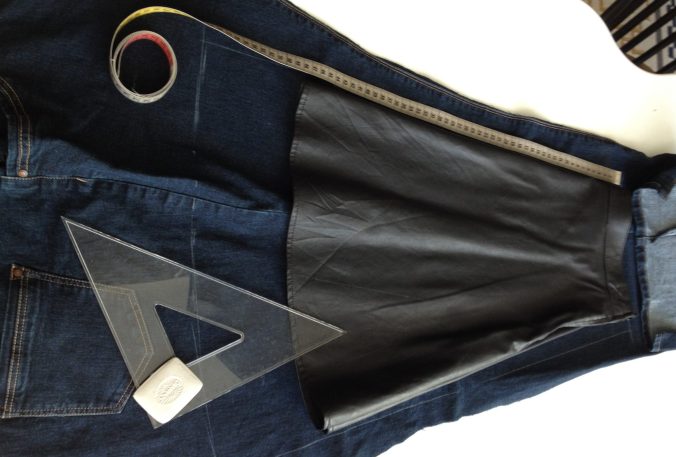 diy denim wrap skirt from old jeans, pattern from vintage leather skirt