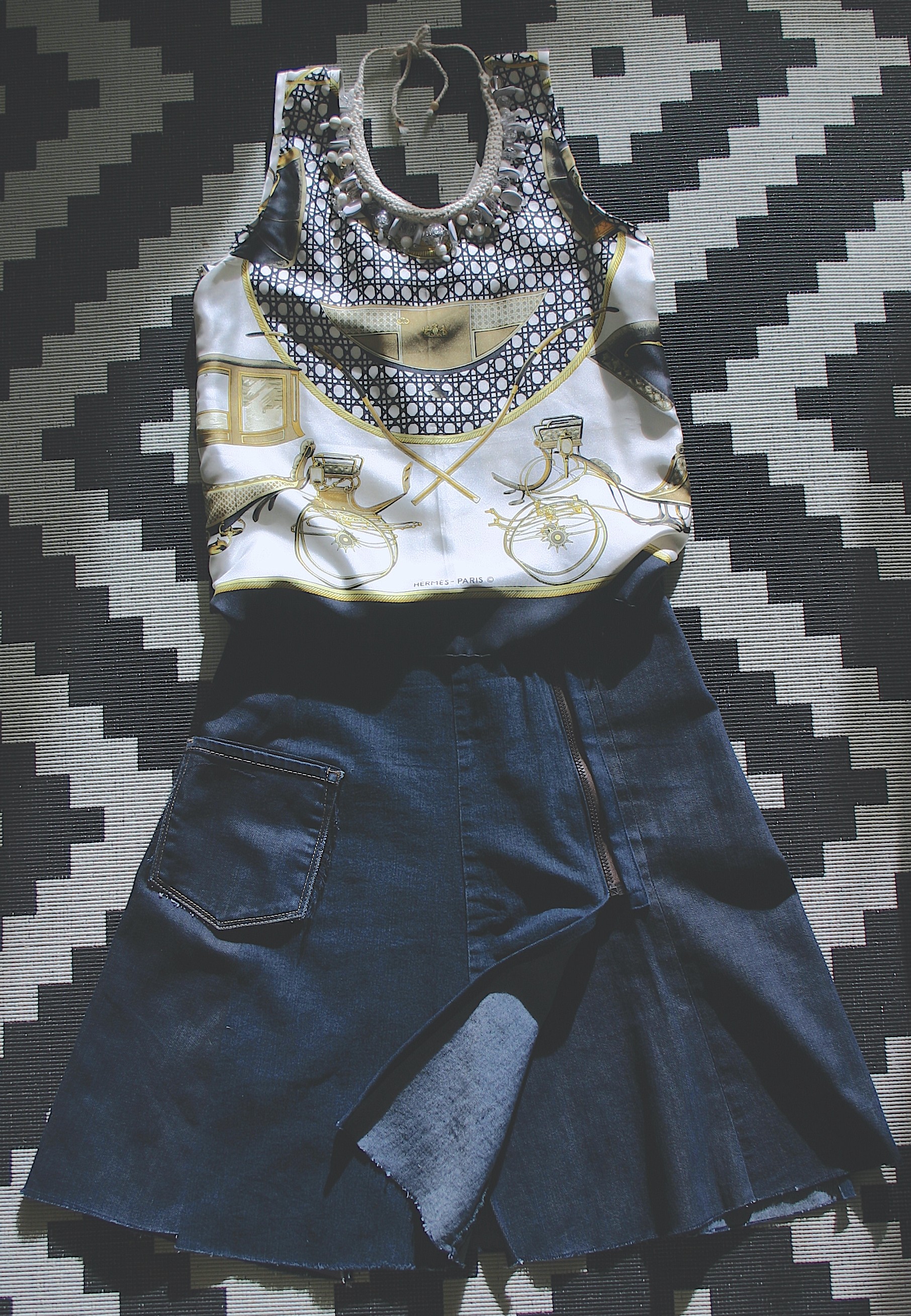 diy Hermès scarf top and denim wrap skirt with zipper