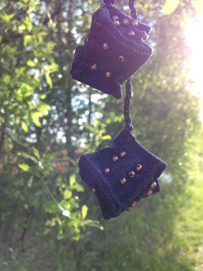 diy miniature denim cubes with copper colored beads as numbers