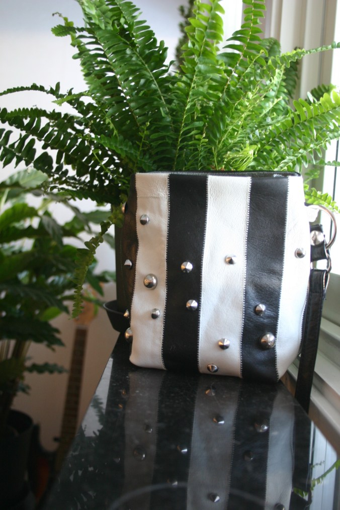 diy bag with stripes and studs, all parts recycled