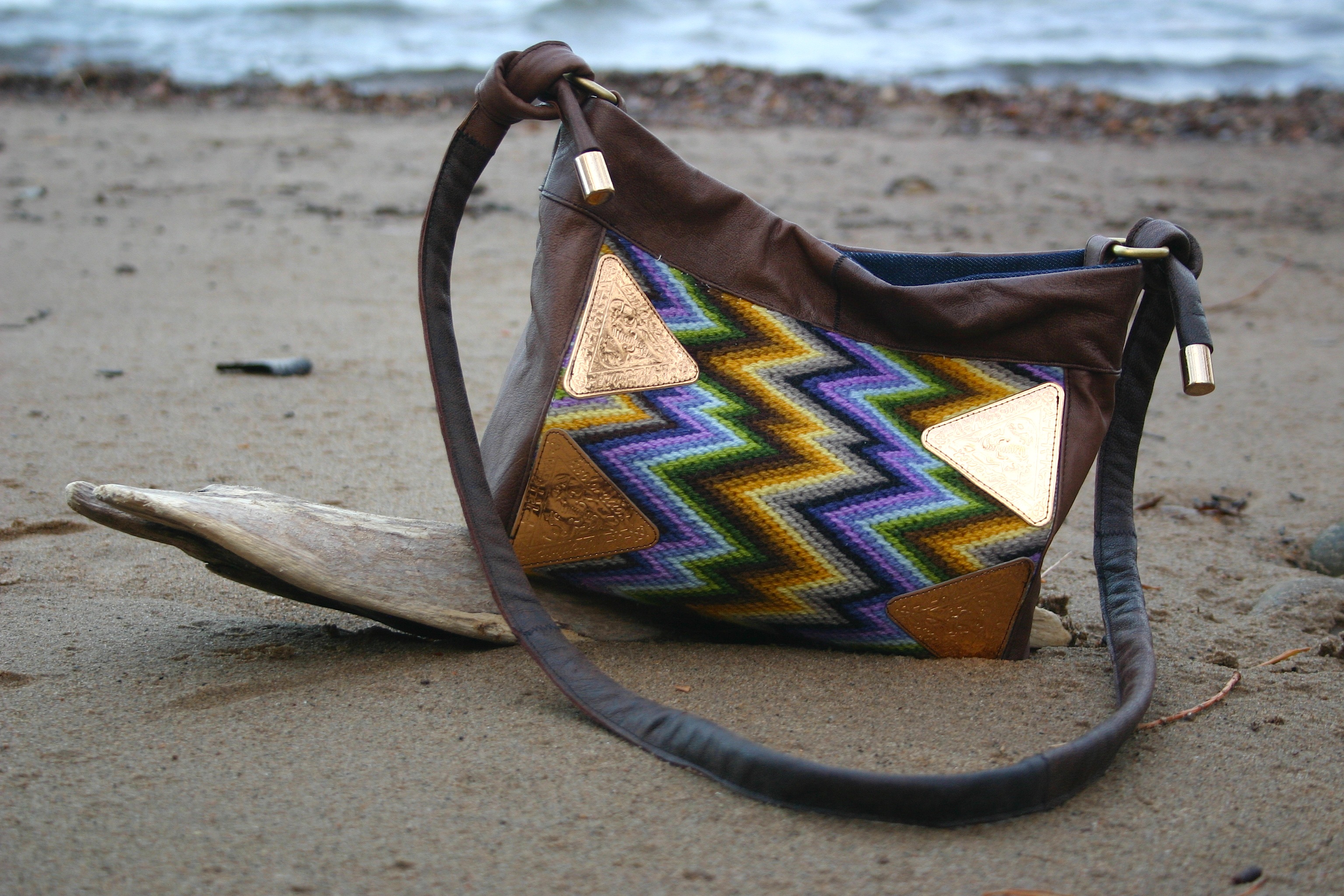 diy bag with recycled cross stitch and leather