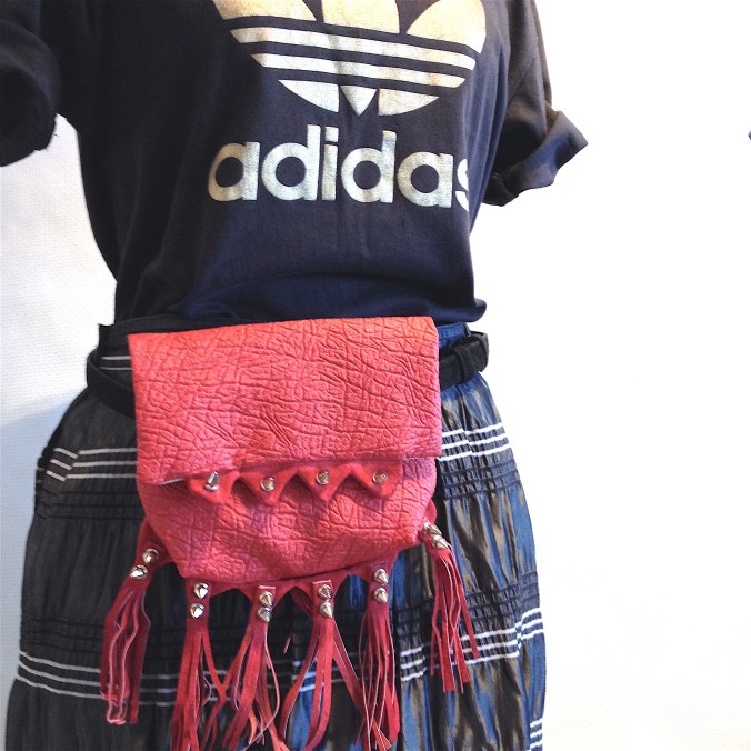 Susanoo diy red faux leather belt bag with studs and tassels